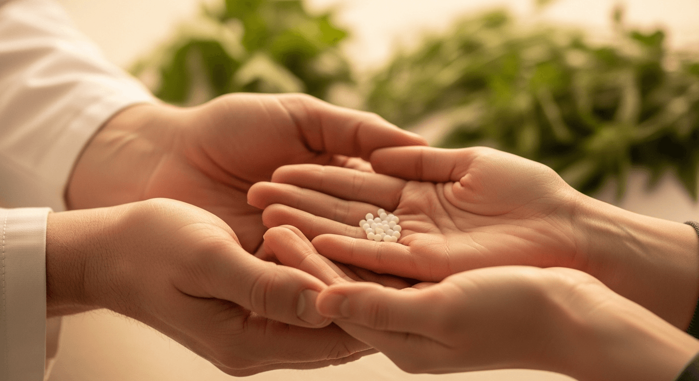 Hands holding homeopathic pills